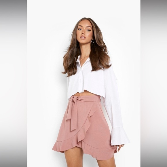 Boohoo Belted Frill Hem Crepe Mini Skirt In Rose Size 12 - Picture 1 of 5